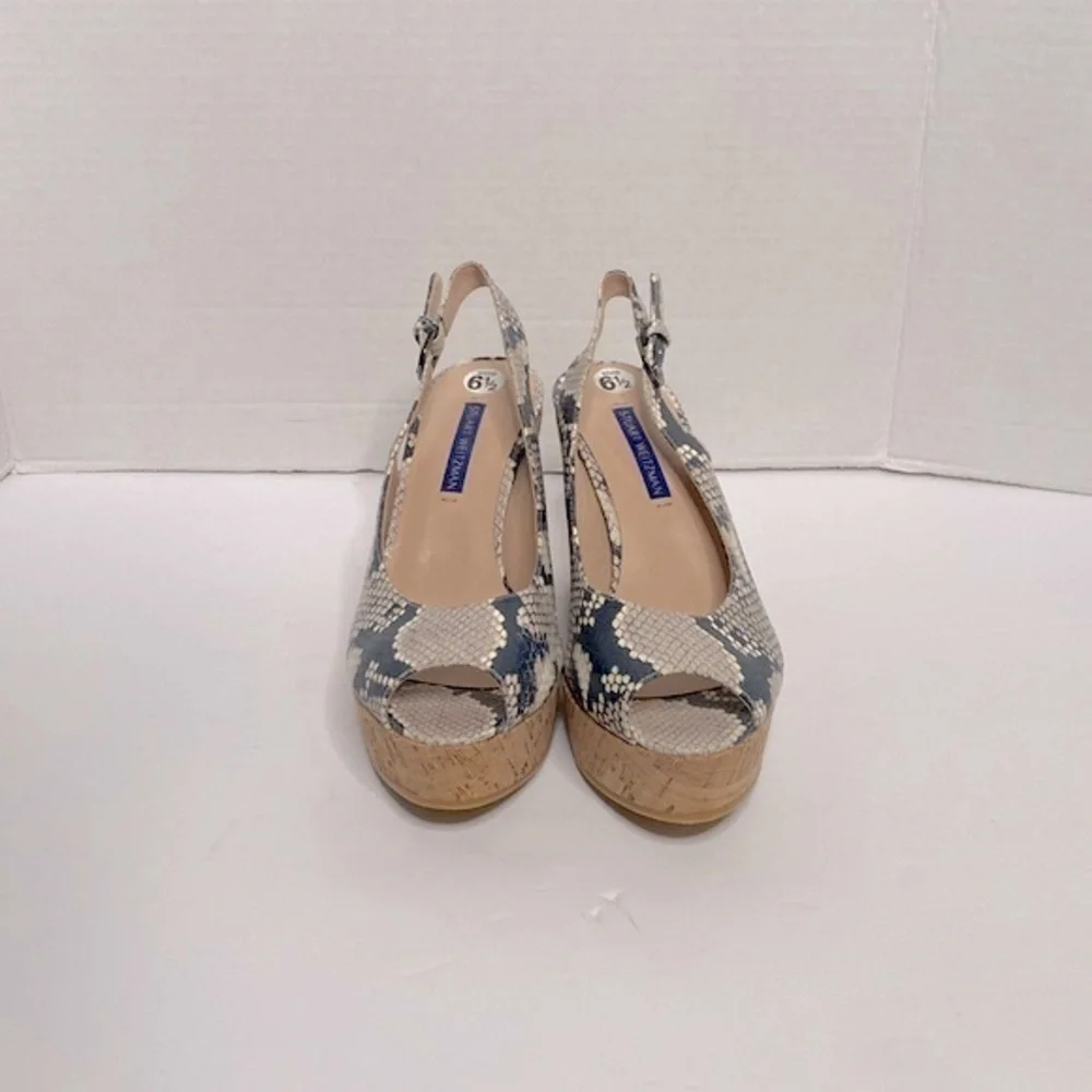 STUART WEITZMAN JEAN SNAKE EMBOSSED LEATHER SLINGBACK WEDGE SANDAL SIZE 6.5